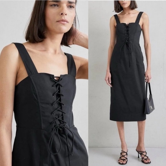 Staud | Sutton Lace up Corset Midi Dress in Black, size 8 - Picture 1 of 12